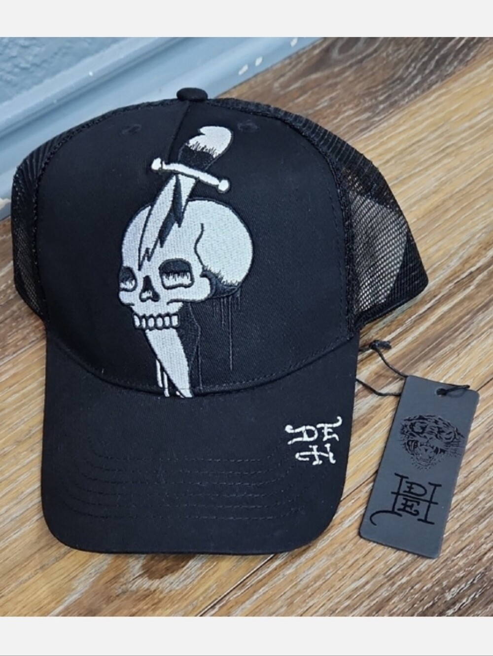 NWT Ed Hardy Skull Knife Dagger Black Silver White Logo Hat